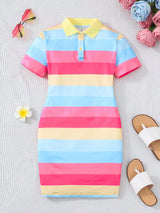Tween Girls Casual Fitted Striped Color-Block Polo Collar Short Sleeve Knit Dress