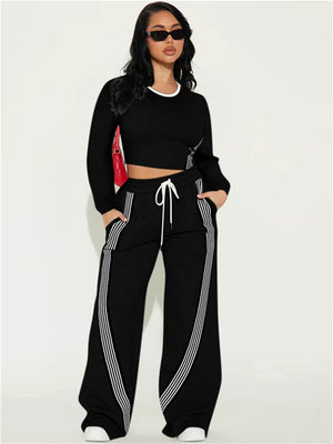 Stylish Contrast Stripe 2-Piece Women's Set: O-Neck Full Sleeve Crop Top & Drawstring Long Pants for Casual Sports Vibes!