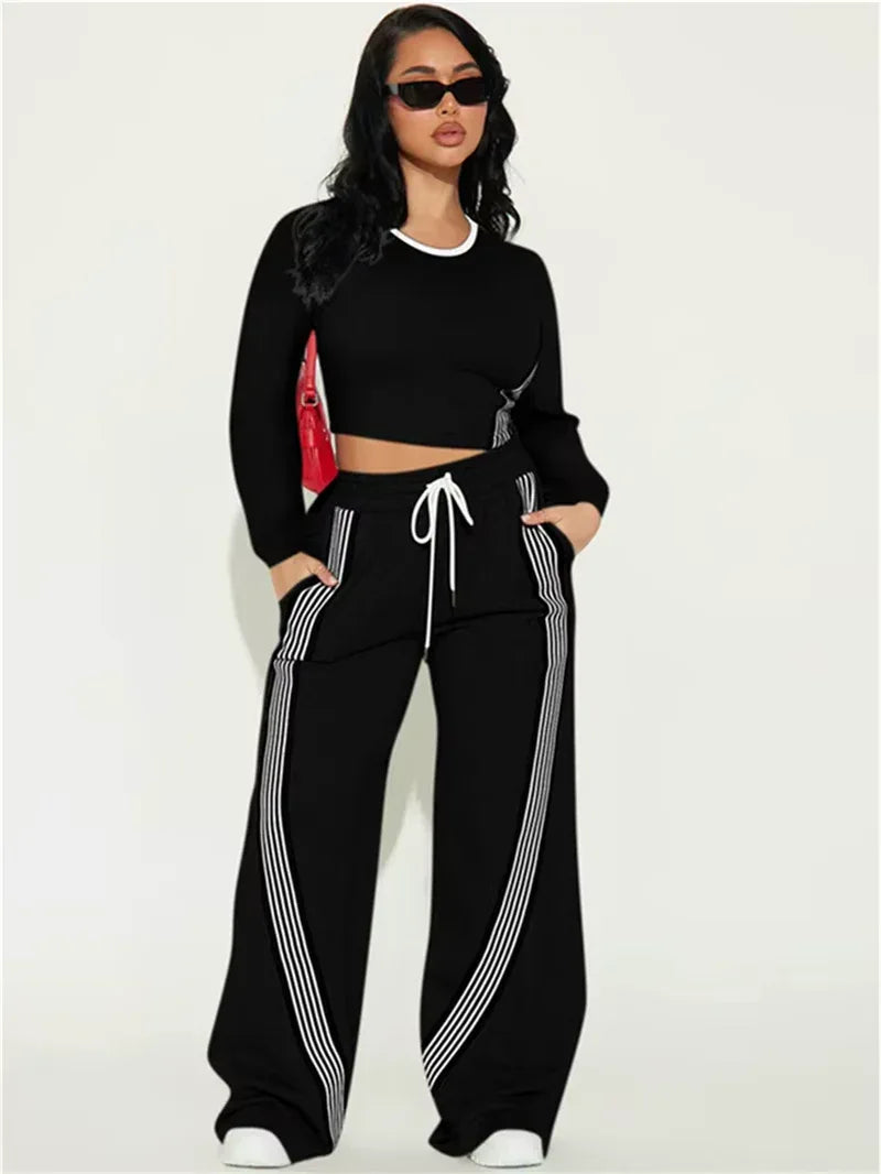 Stylish Contrast Stripe 2-Piece Women's Set: O-Neck Full Sleeve Crop Top & Drawstring Long Pants for Casual Sports Vibes! - Dazzling Beauty Solution