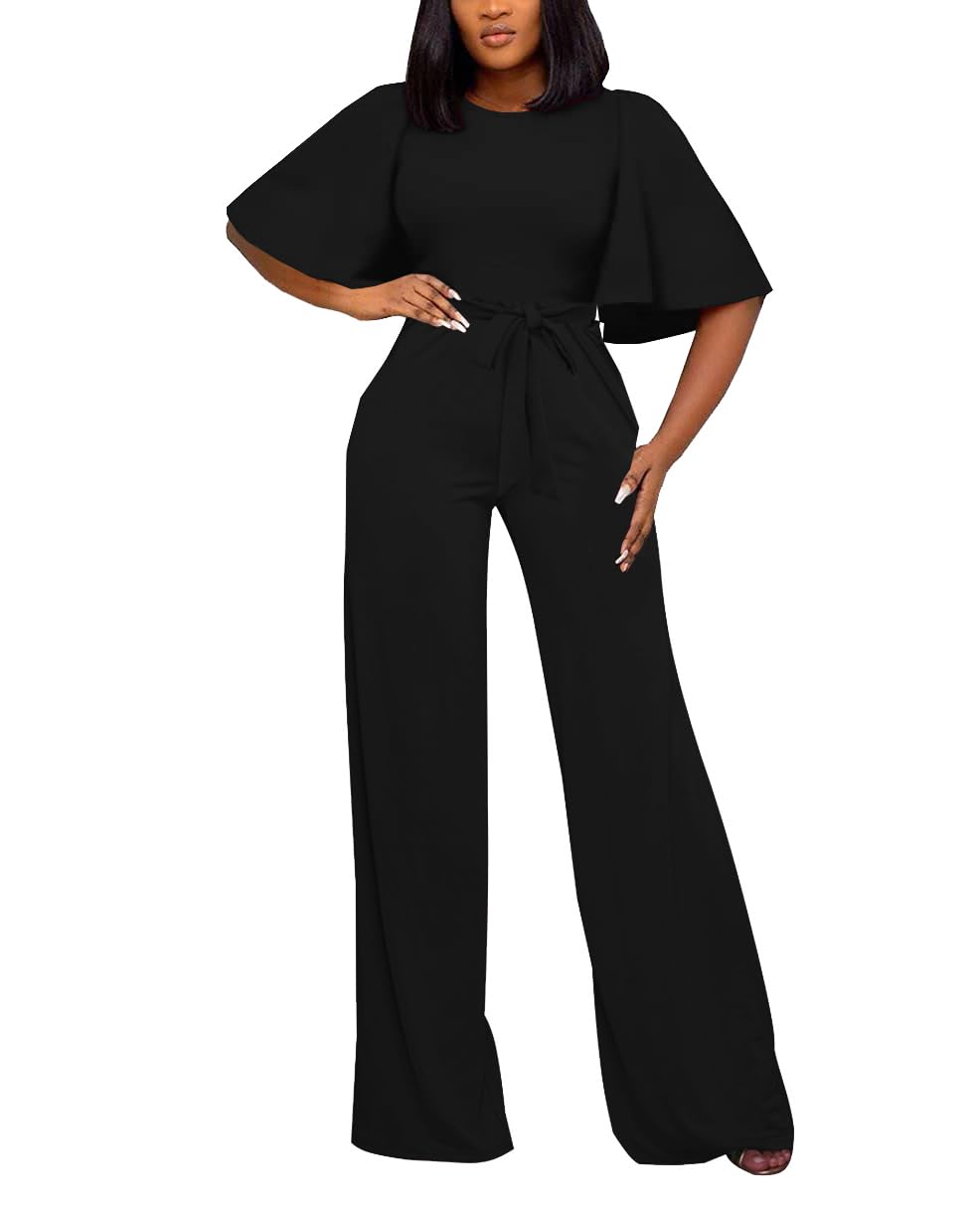 BessCops Womens Loose Short Sleeve Belted Wide Leg Pant Romper Jumpsuit Casual Business One Piece Outfits