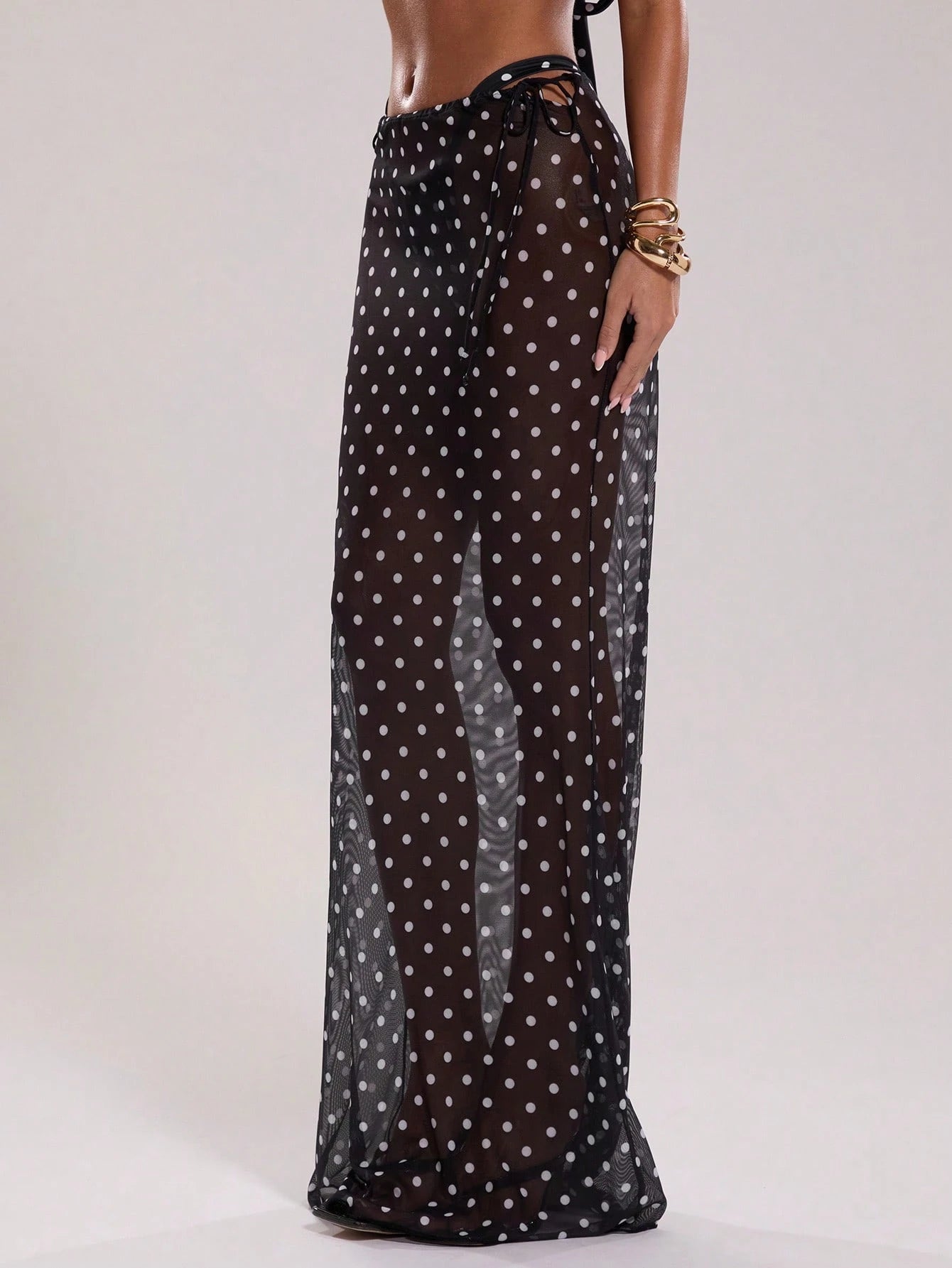 BAE Women'S New Arrival Black & White Polka Dot Low Waist Drawstring Resort Swimwear, Elegant & Sexy Cover Up, the Seduction of Dark Romance