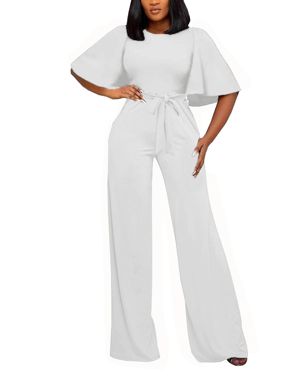 BessCops Womens Loose Short Sleeve Belted Wide Leg Pant Romper Jumpsuit Casual Business One Piece Outfits