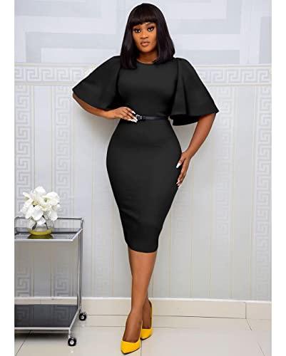 Women's Ruffle Sleeve Bodycon Midi Dress – Short Sleeve Pencil Dress