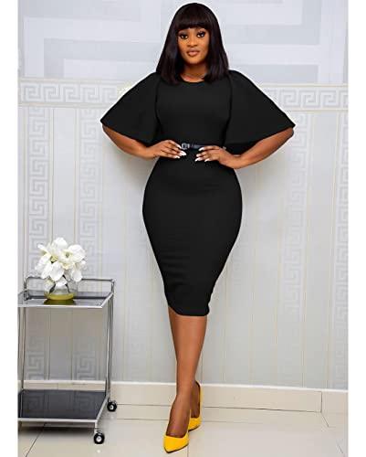 Women's Ruffle Sleeve Bodycon Midi Dress – Short Sleeve Pencil Dress