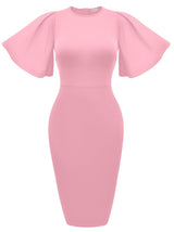 Women's Ruffle Sleeve Bodycon Midi Dress – Short Sleeve Pencil Dress