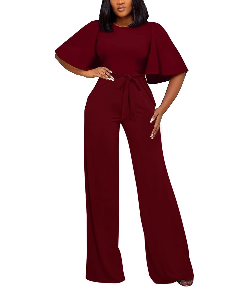 BessCops Womens Loose Short Sleeve Belted Wide Leg Pant Romper Jumpsuit Casual Business One Piece Outfits