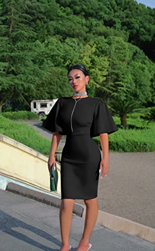 Women's Ruffle Sleeve Bodycon Midi Dress – Short Sleeve Pencil Dress