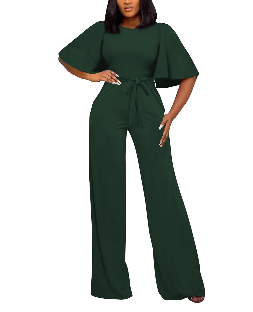 BessCops Womens Loose Short Sleeve Belted Wide Leg Pant Romper Jumpsuit Casual Business One Piece Outfits