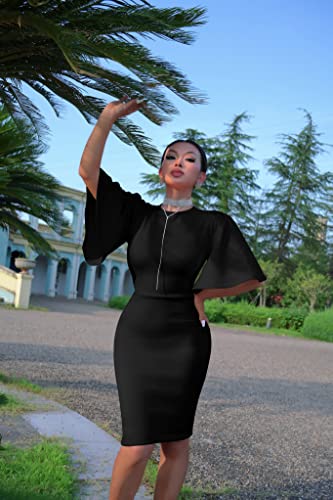 Women's Ruffle Sleeve Bodycon Midi Dress – Short Sleeve Pencil Dress