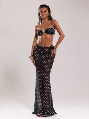 BAE Women'S New Arrival Black & White Polka Dot Low Waist Drawstring Resort Swimwear, Elegant & Sexy Cover Up, the Seduction of Dark Romance