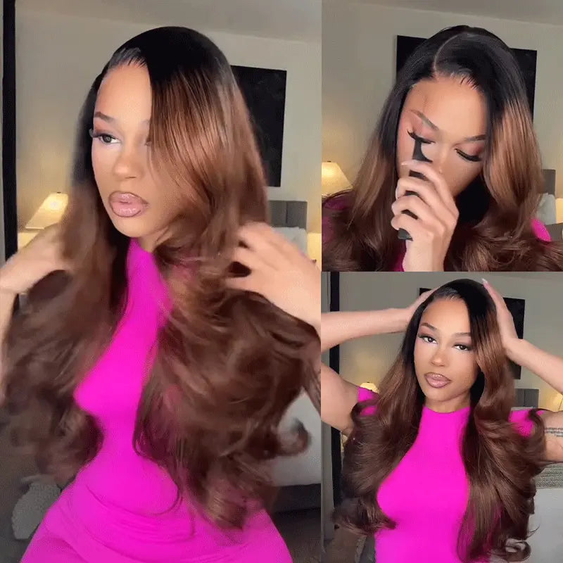 Ombre Brown With Dark Roots Loose Wave Layered Cut C-Side Part Glueless Wig 5x5 Pre-Cut Lace Human Hair Wig
