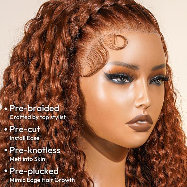 Pre-Braided Burnt Orange Stylist Wig Deep Wave 13x4 Lace Frontal Pre-plucked