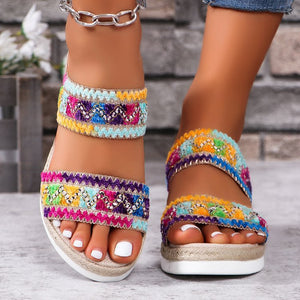 Fashion Wavy Pattern Woven Sandals Summer Casual Ethnic Style Slippers Linen Bottom Wide Strap Wedges Shoes For Women - Dazzling Beauty Solution