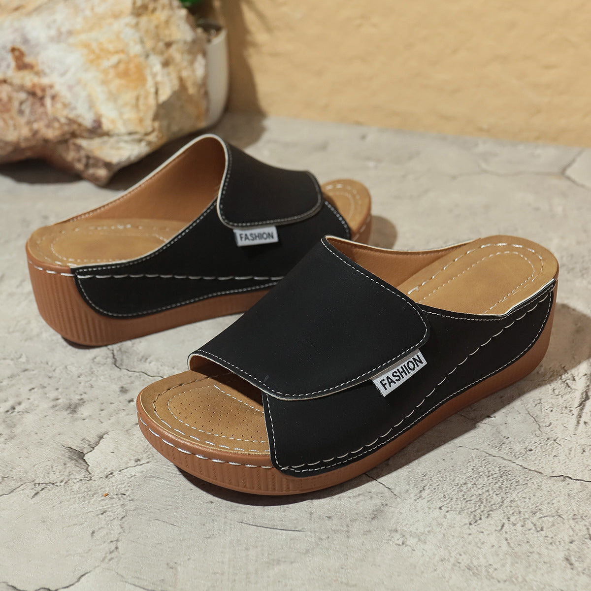 Summer Wedge Slides Slippers Fashion Fish Mouth Thick Bottom Roman Shoes Solid Color Beach Sandals For Women - Dazzling Beauty Solution