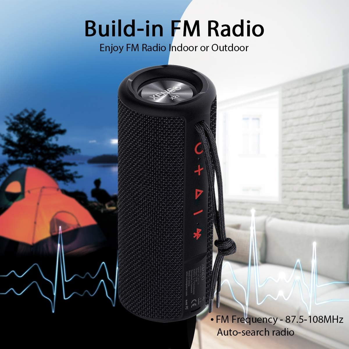 X21 Portable Outdoor Wireless Bluetooth Speaker Waterproof with FM Radio, Micro SD Card Slot, AUX for Shower - Hard Travel Case Included