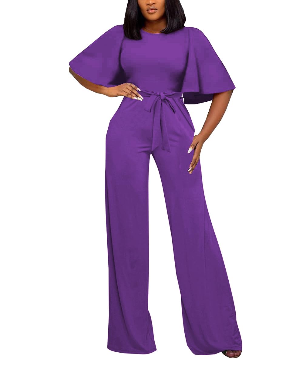 BessCops Womens Loose Short Sleeve Belted Wide Leg Pant Romper Jumpsuit Casual Business One Piece Outfits