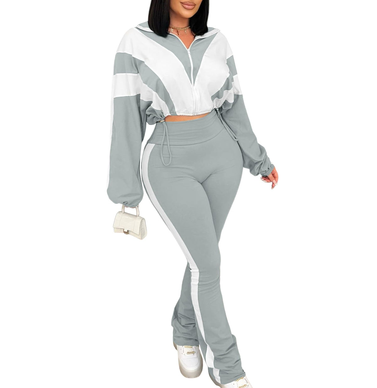 Women's 2 Piece Color Block Zip Jacket and Flare Pants Set