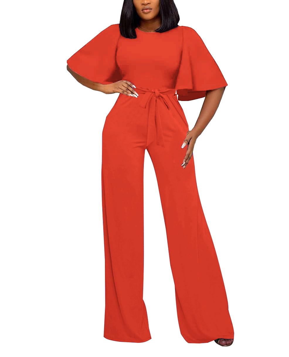 BessCops Womens Loose Short Sleeve Belted Wide Leg Pant Romper Jumpsuit Casual Business One Piece Outfits