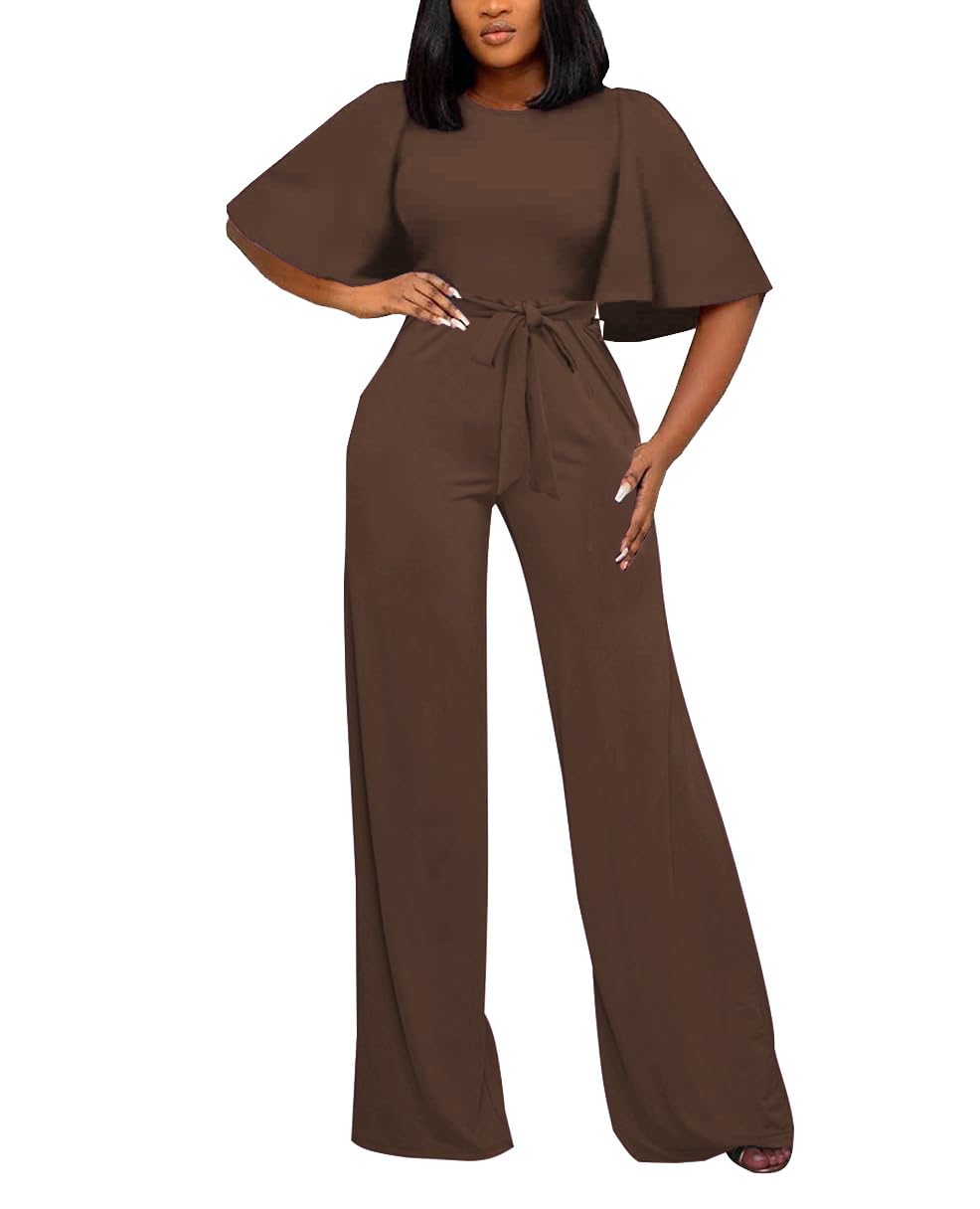 BessCops Womens Loose Short Sleeve Belted Wide Leg Pant Romper Jumpsuit Casual Business One Piece Outfits