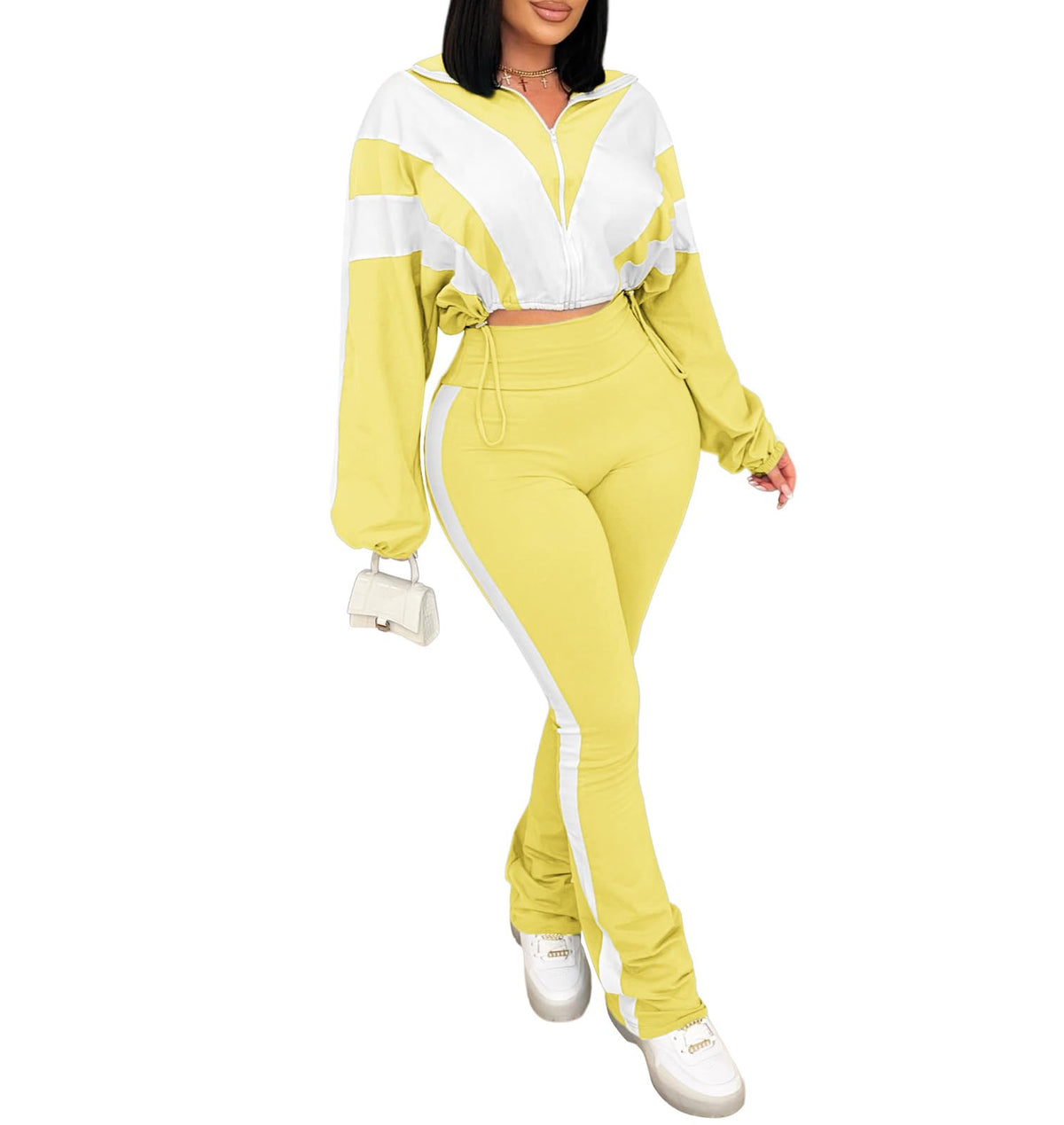 Women's 2 Piece Color Block Zip Jacket and Flare Pants Set