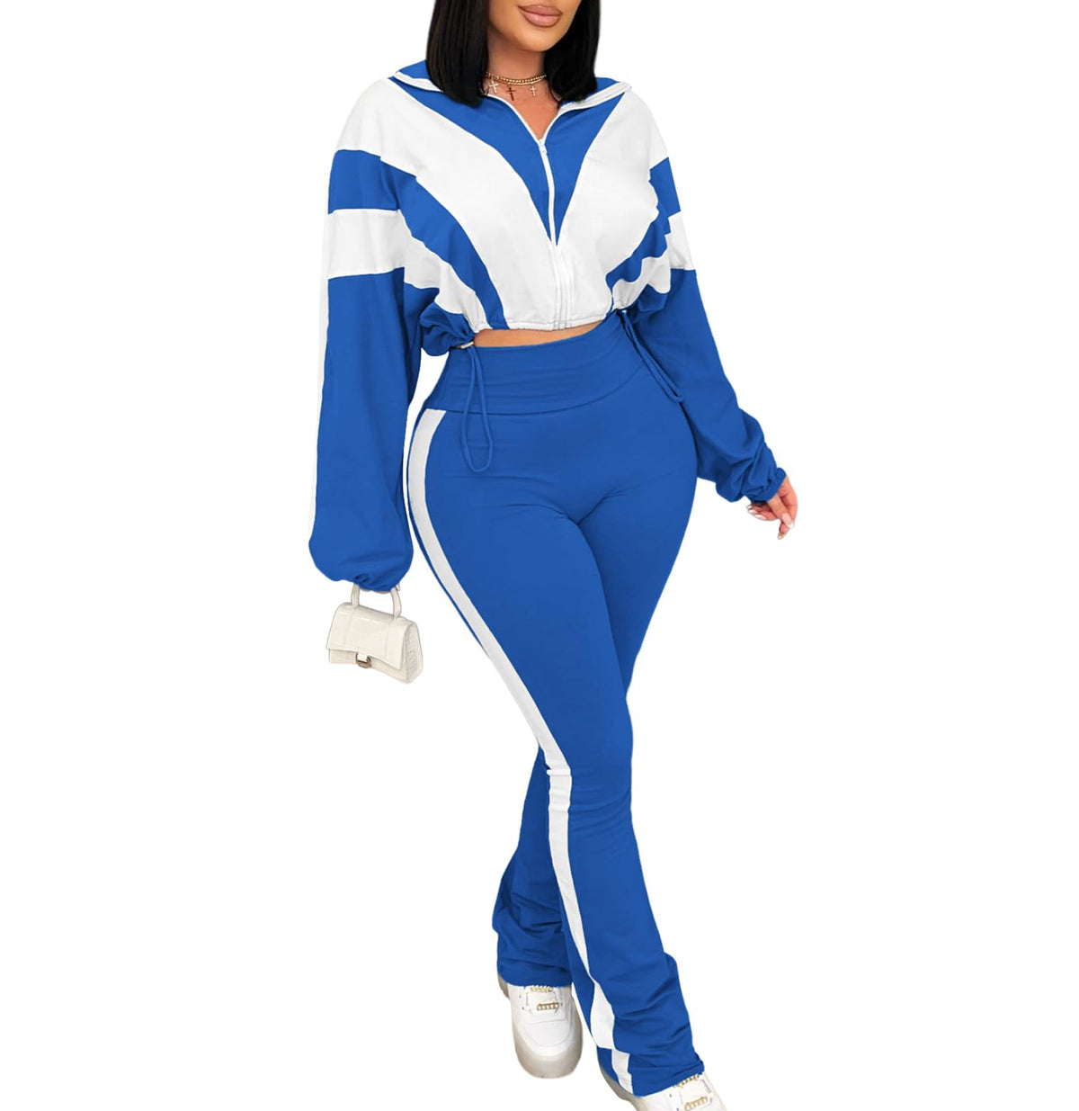 Women's 2 Piece Color Block Zip Jacket and Flare Pants Set