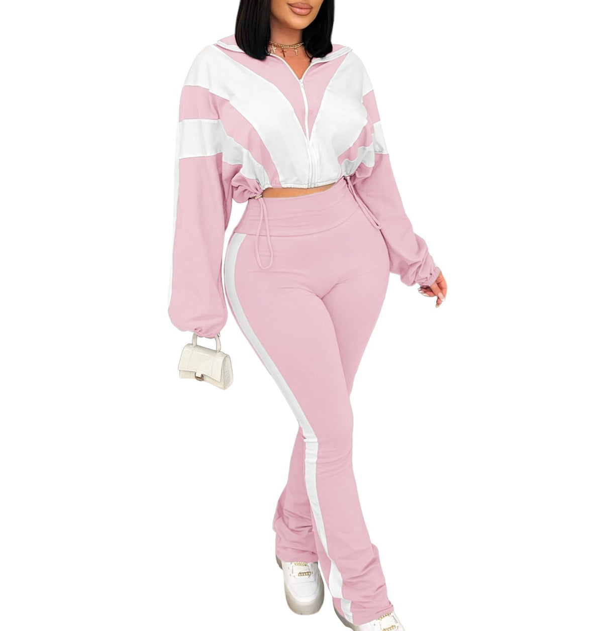 Women's 2 Piece Color Block Zip Jacket and Flare Pants Set