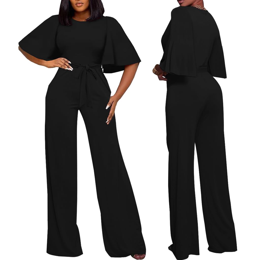 BessCops Womens Loose Short Sleeve Belted Wide Leg Pant Romper Jumpsuit Casual Business One Piece Outfits