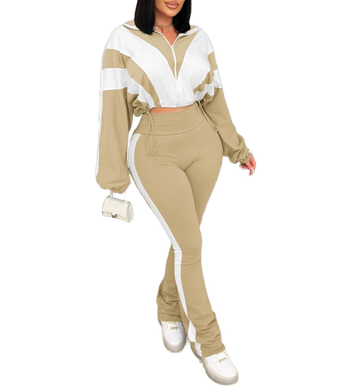 Women's 2 Piece Color Block Zip Jacket and Flare Pants Set