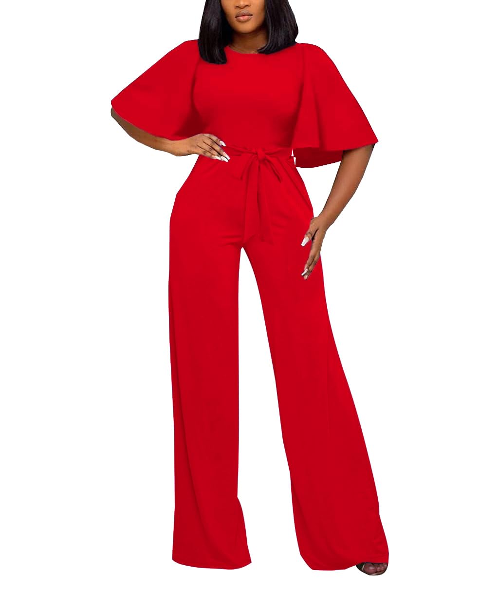 BessCops Womens Loose Short Sleeve Belted Wide Leg Pant Romper Jumpsuit Casual Business One Piece Outfits