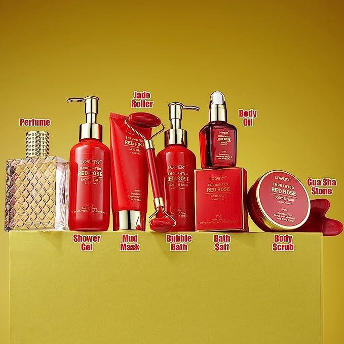 LOVERY Red Rose Luxury Spa Gift Basket – 11-Piece Bath & Body Set with Perfume, Jade Roller & Gua Sha