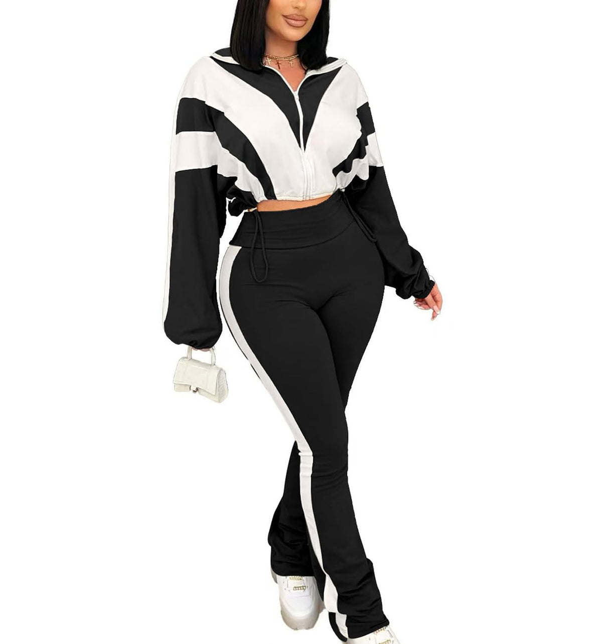 Women's 2 Piece Color Block Zip Jacket and Flare Pants Set