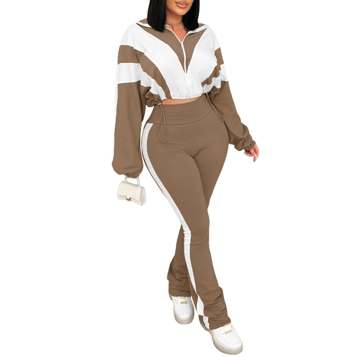 Women's 2 Piece Color Block Zip Jacket and Flare Pants Set