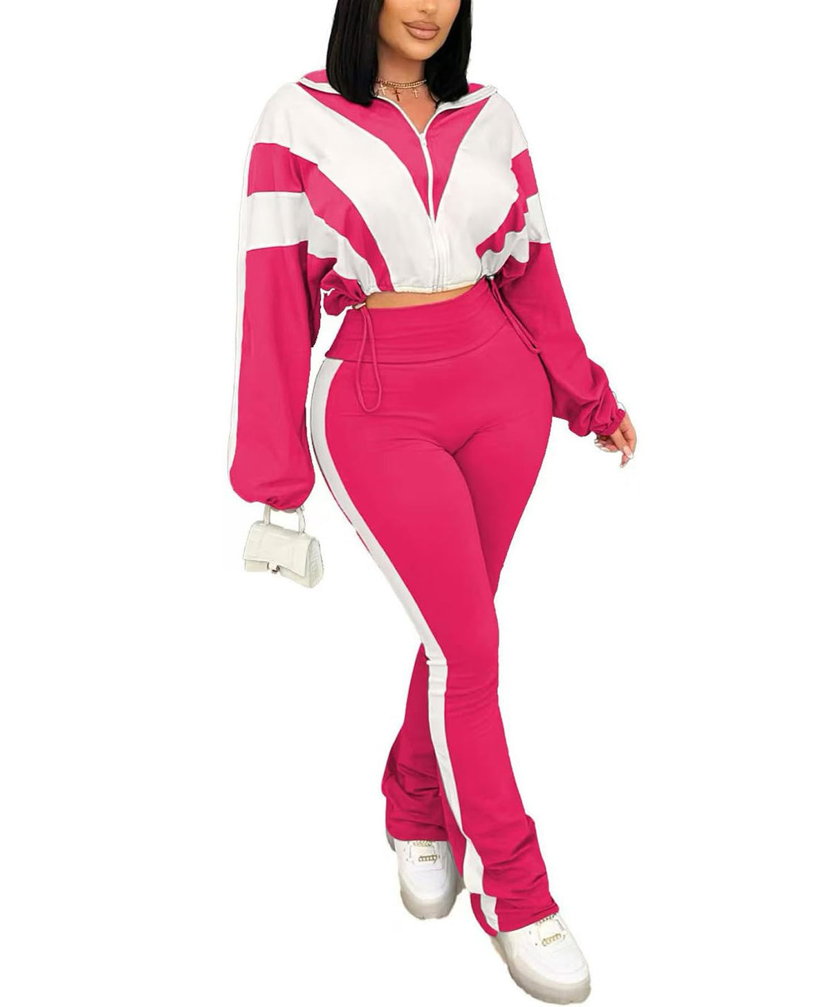 Women's 2 Piece Color Block Zip Jacket and Flare Pants Set