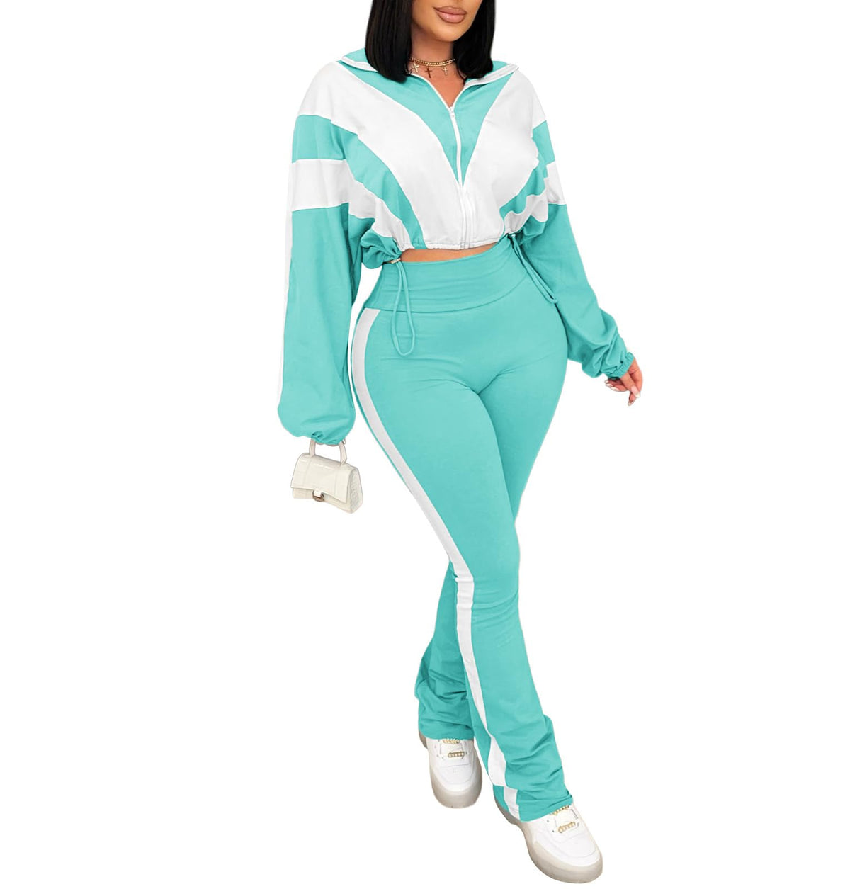 Women's 2 Piece Color Block Zip Jacket and Flare Pants Set