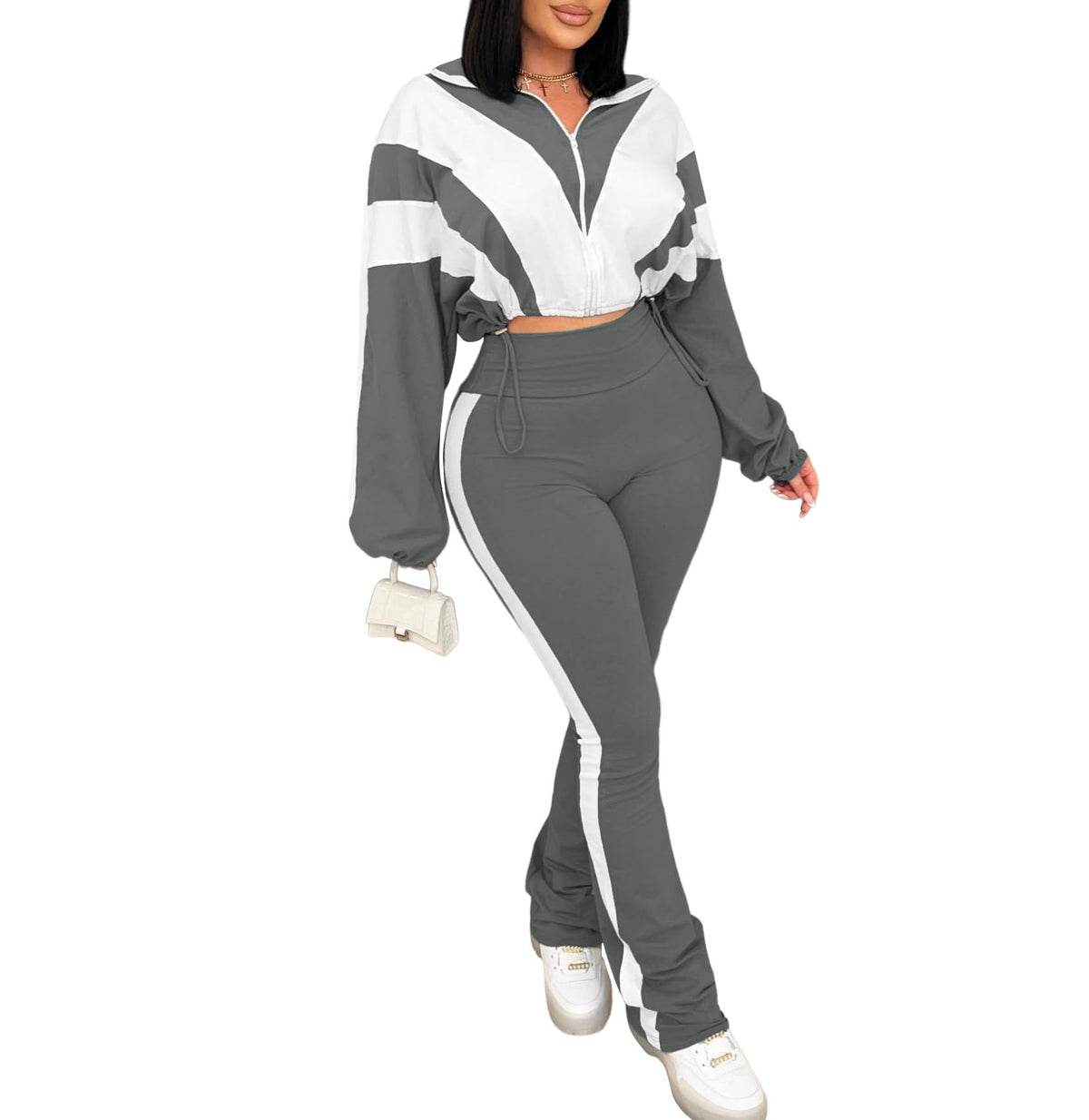 Women's 2 Piece Color Block Zip Jacket and Flare Pants Set