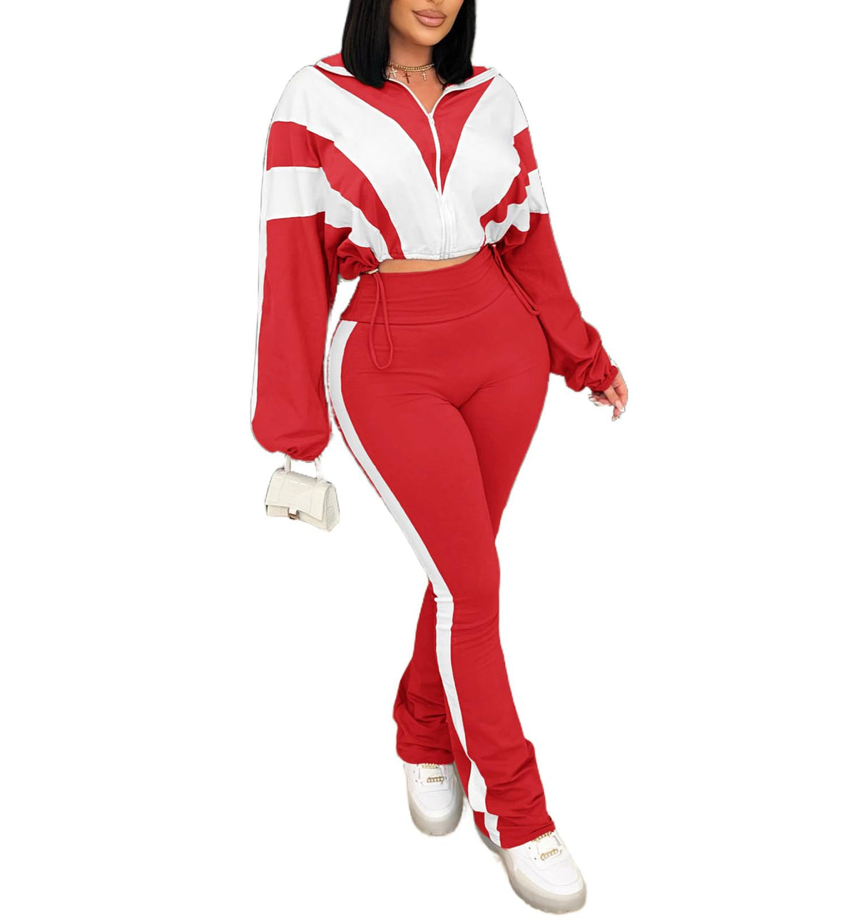 Women's 2 Piece Color Block Zip Jacket and Flare Pants Set