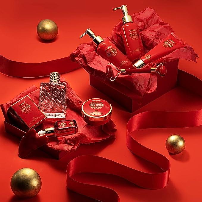 LOVERY Red Rose Luxury Spa Gift Basket – 11-Piece Bath & Body Set with Perfume, Jade Roller & Gua Sha