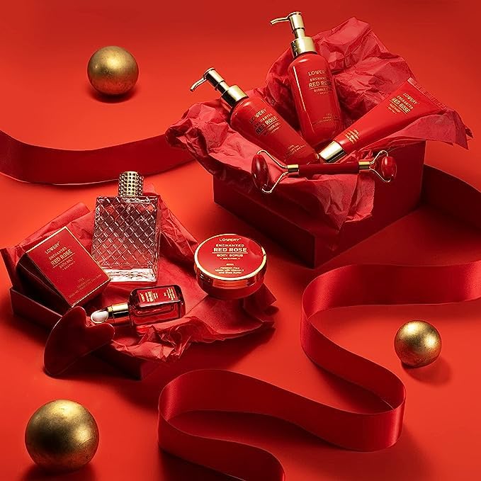 LOVERY Red Rose Luxury Spa Gift Basket – 11-Piece Bath & Body Set with Perfume, Jade Roller & Gua Sha