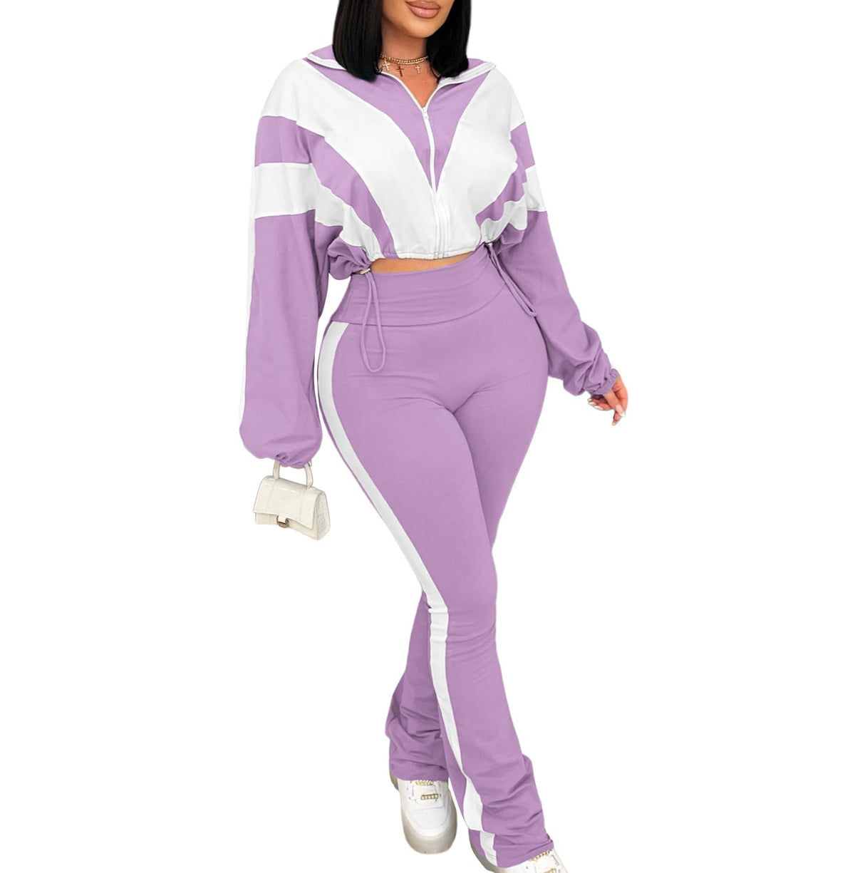 Women's 2 Piece Color Block Zip Jacket and Flare Pants Set