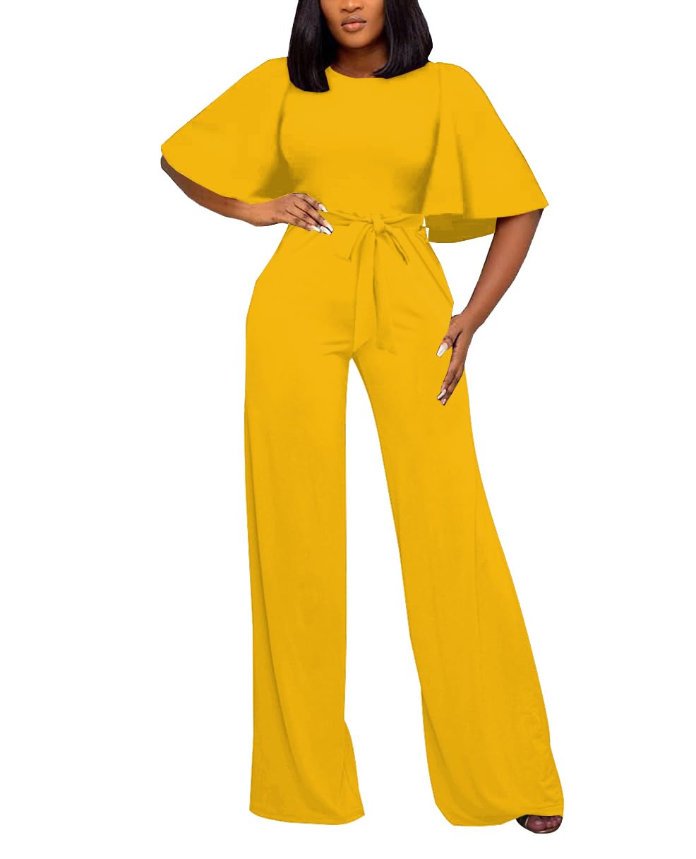 BessCops Womens Loose Short Sleeve Belted Wide Leg Pant Romper Jumpsuit Casual Business One Piece Outfits