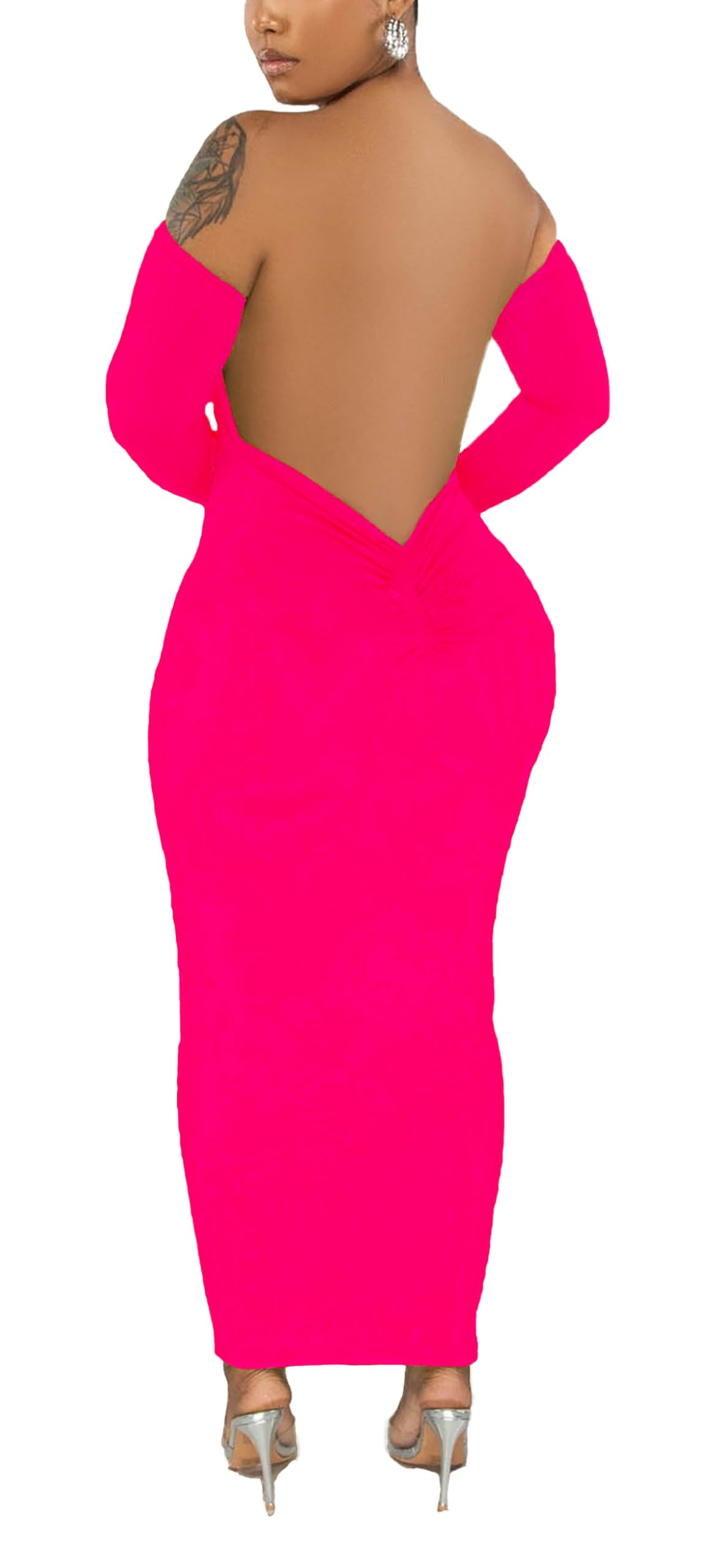 New-Women's Off Shoulder Long Sleeve Bodycon Maxi Dress - Sexy Backless Party Dress