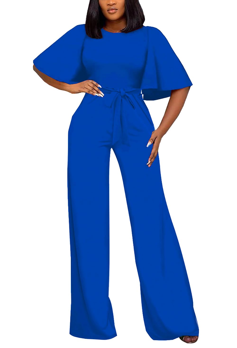 BessCops Womens Loose Short Sleeve Belted Wide Leg Pant Romper Jumpsuit Casual Business One Piece Outfits
