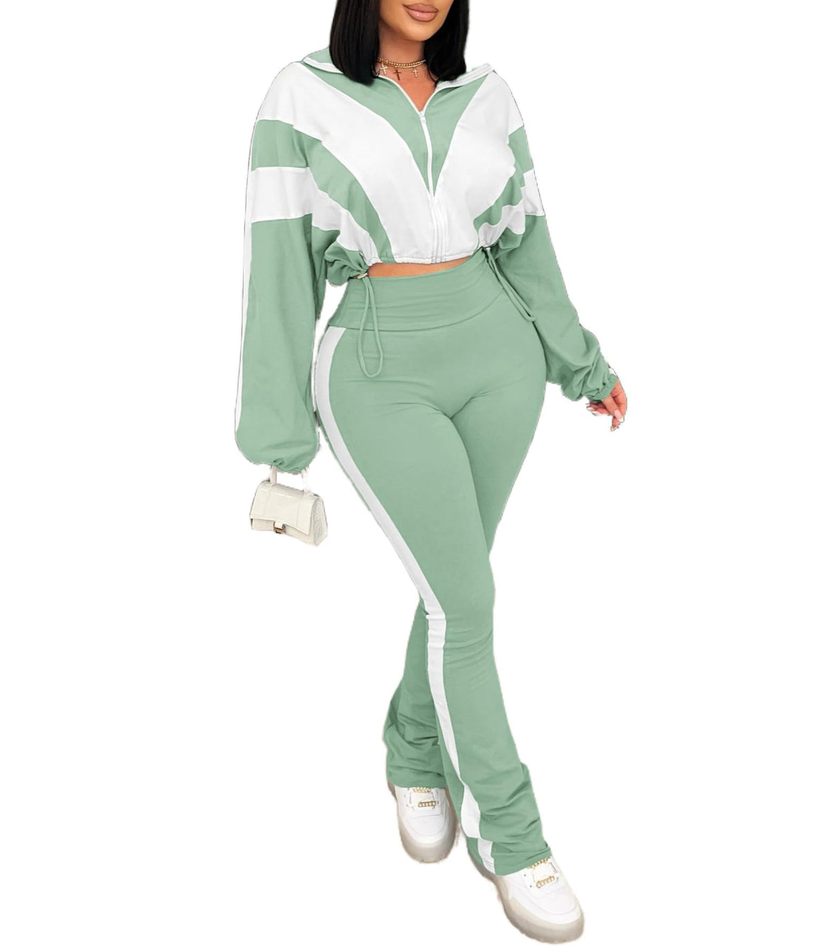 Women's 2 Piece Color Block Zip Jacket and Flare Pants Set
