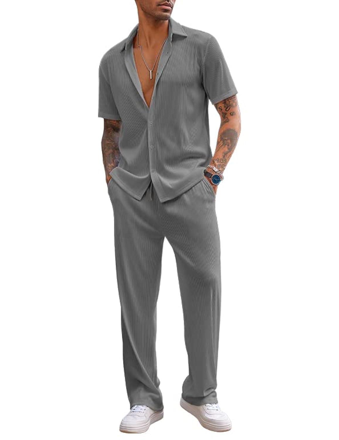 COOFANDY Men's 2 Piece Outfit Casual Short Sleeve Button Down Shirt Beach Summer Loose Pant Sets