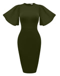 Women's Ruffle Sleeve Bodycon Midi Dress – Short Sleeve Pencil Dress