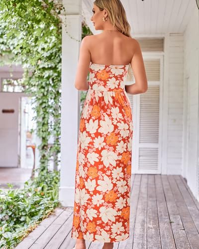 Women's Strapless Pleated Maxi Dress with Pockets