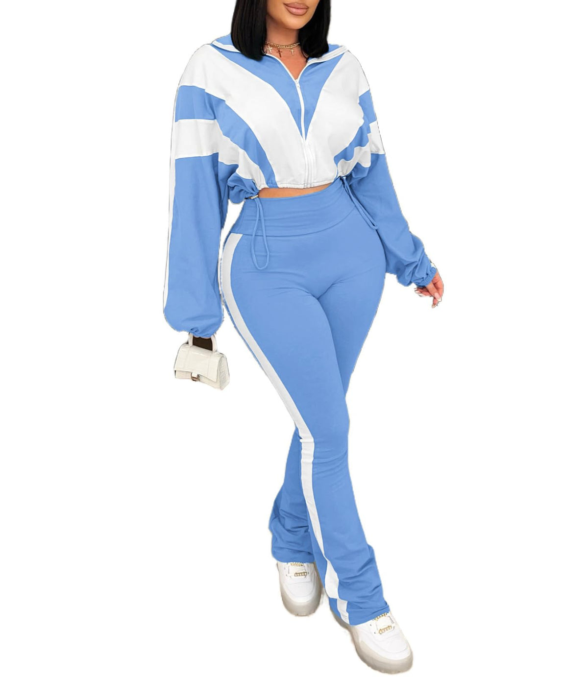 Women's 2 Piece Color Block Zip Jacket and Flare Pants Set