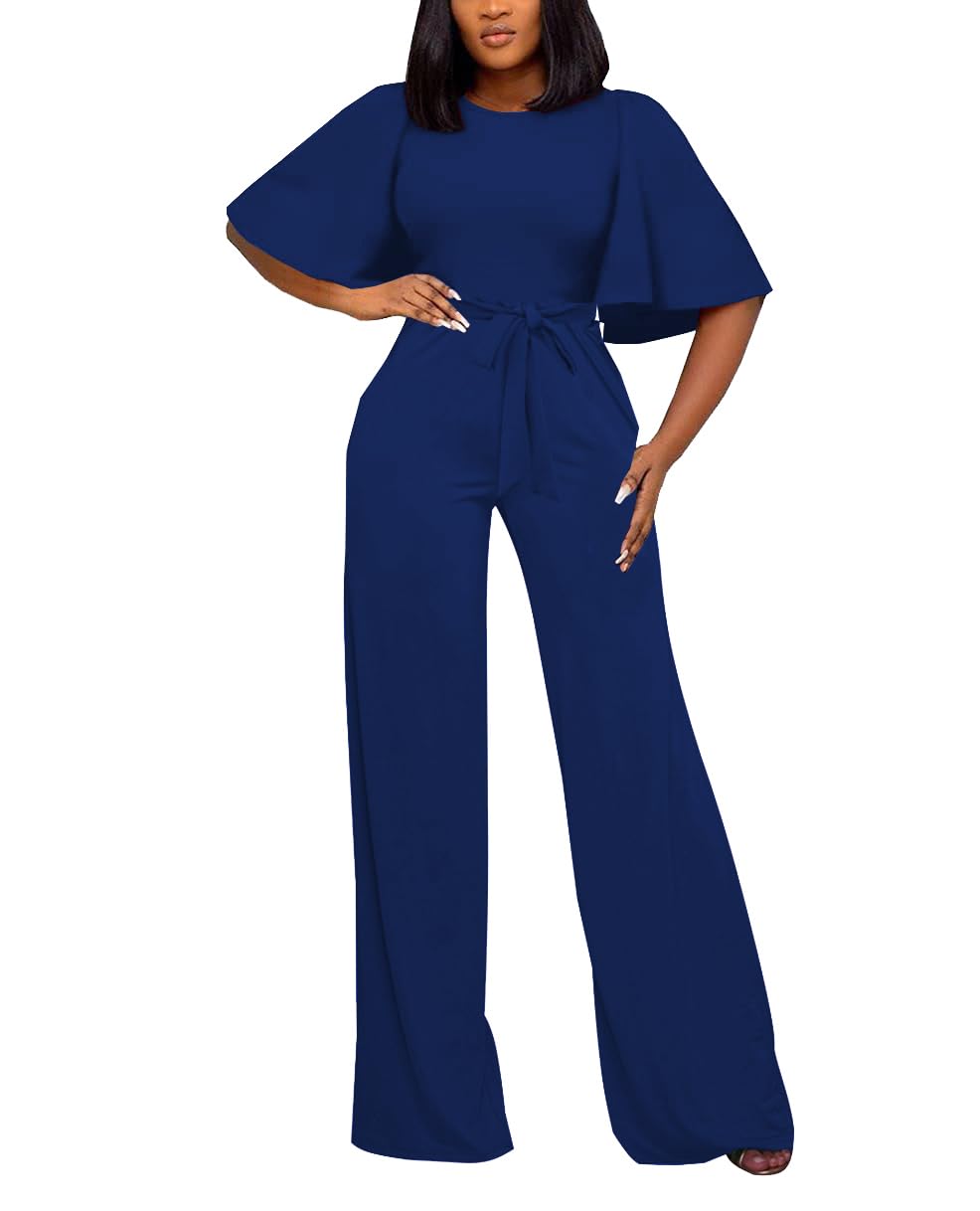 BessCops Womens Loose Short Sleeve Belted Wide Leg Pant Romper Jumpsuit Casual Business One Piece Outfits