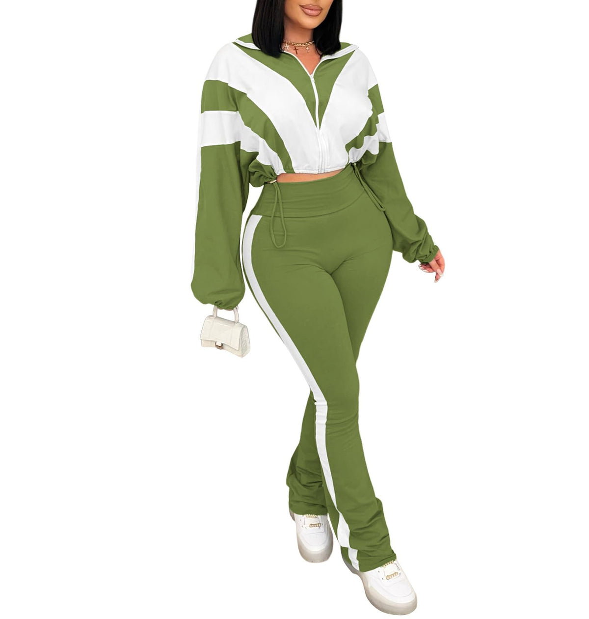 Women's 2 Piece Color Block Zip Jacket and Flare Pants Set