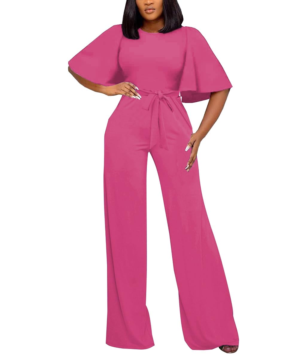 BessCops Womens Loose Short Sleeve Belted Wide Leg Pant Romper Jumpsuit Casual Business One Piece Outfits